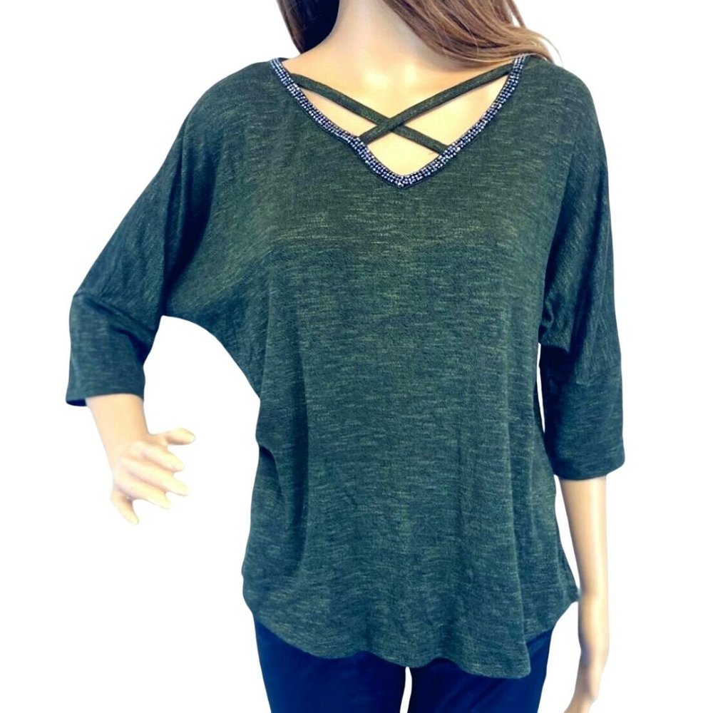 Juicy Couture Sweater Top Pullover Dolman Olive Green Rhinestones